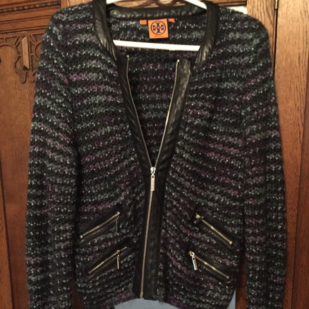 Tory Burch sparkle zip-up sweater, size Large